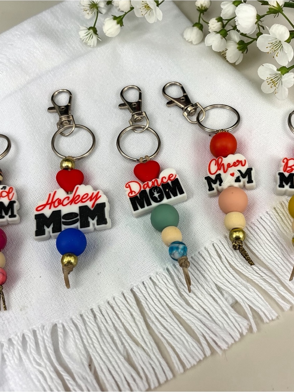 Dance Mom / Cheer Mom/ Sports Keychain - Mint and Beige Beaded Kids Accessory